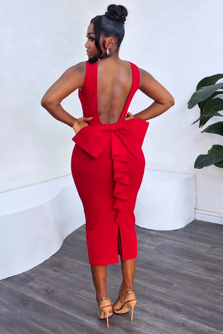 Backless Bow Decor Slim-Fit Valentine's Party Midi Dresses-Red [Pre Order]