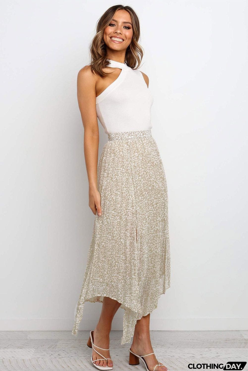 Fashion Print Side Slit Pleated Maxi Skirt