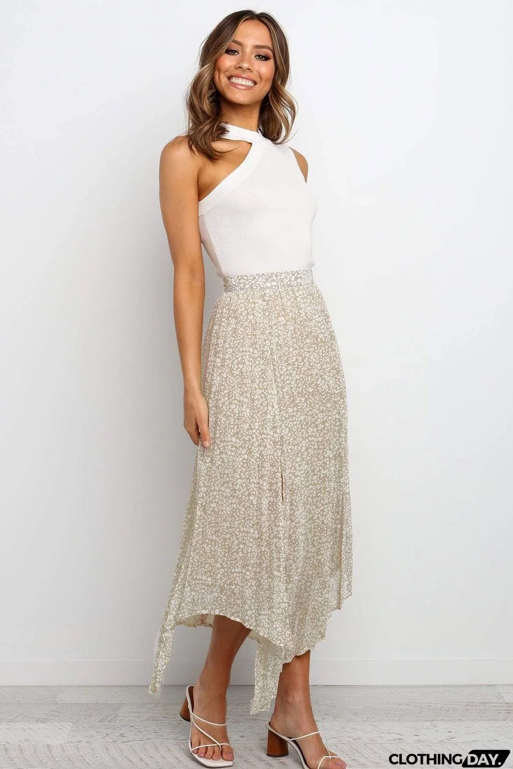 Fashion Print Side Slit Pleated Maxi Skirt