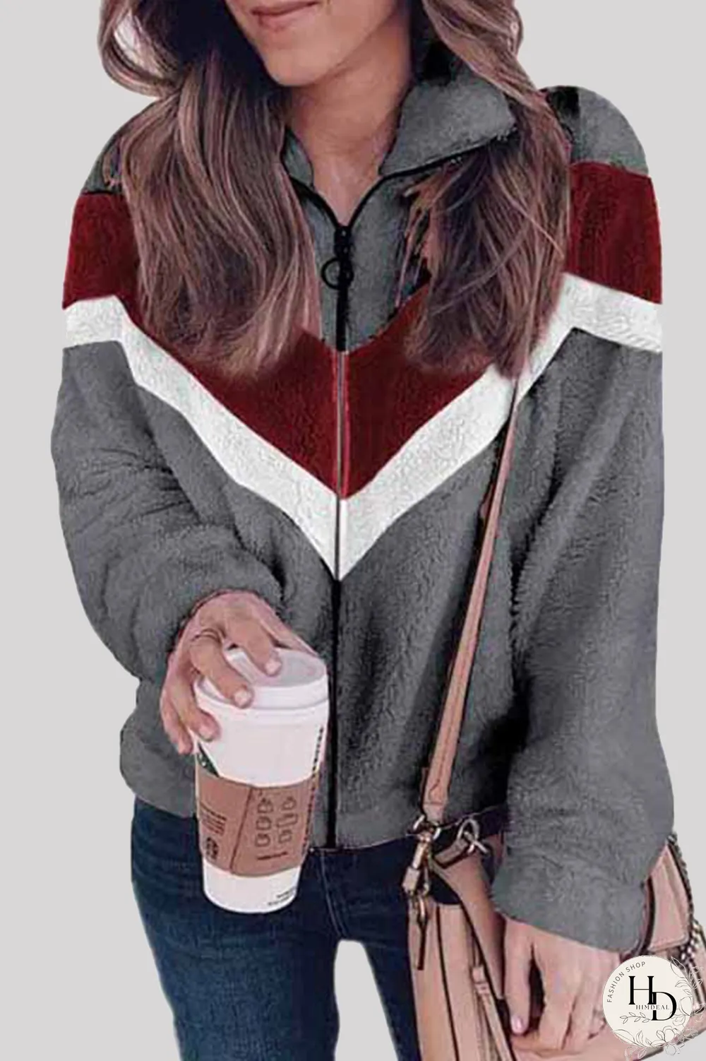 Casual Striped Split Joint  Contrast Zipper Collar Outerwear