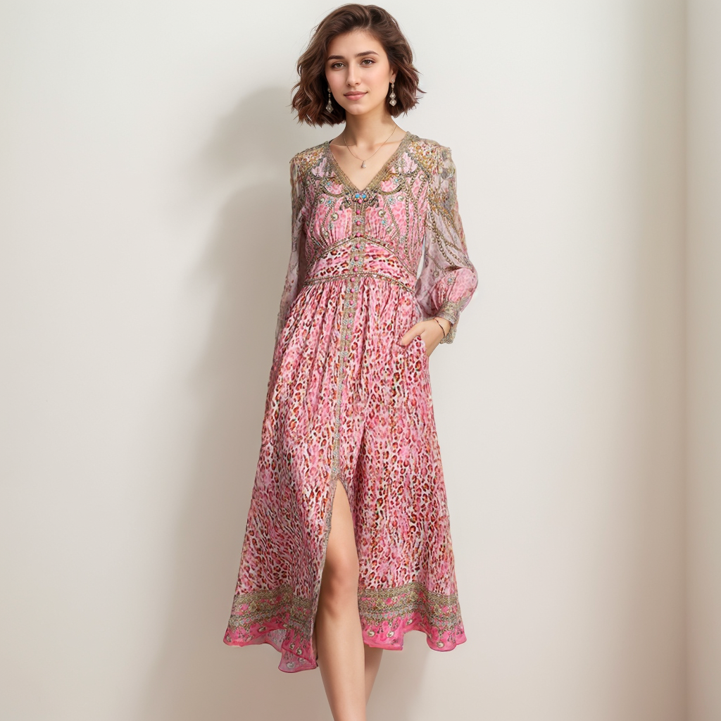 Robe en soie de luxe col en V rétro imprimé léopard- SOIE PLUS