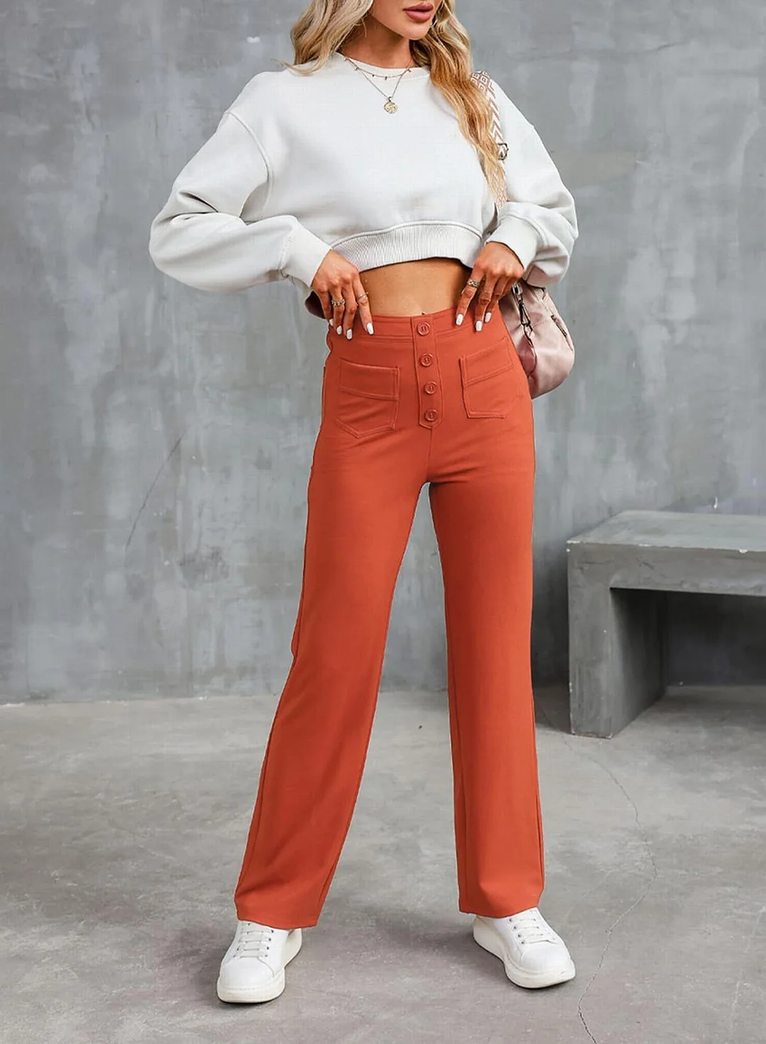 Wongn Wongn Fashion New Women's Casual Straight Pants High Waist Button Elastic Belt With Multiple Pockets