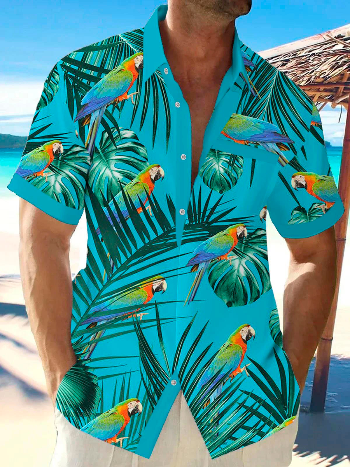 Hawaiian Parrot Botanical Print Men's Button Pocket Short Sleeve Shirt PLUSCLOTHESMAN