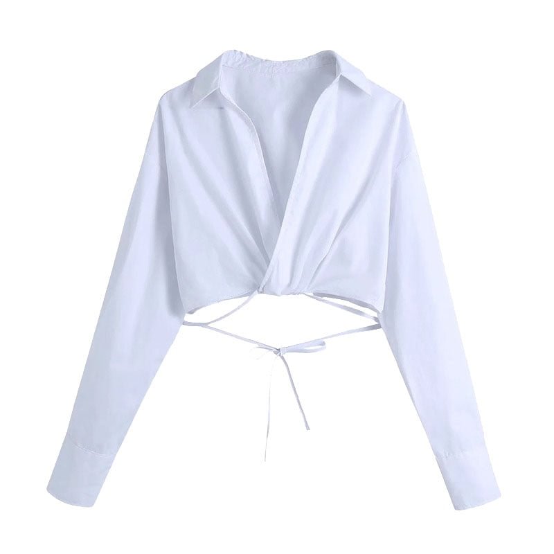 TRAF Women Sexy Fashion With Tie Cropped White Blouses Vintage Crossover V Neck Long Sleeve Female Shirts Chic Tops