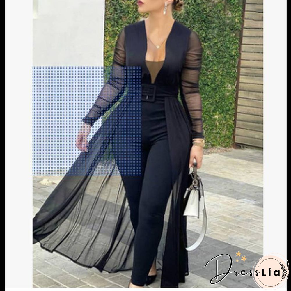 Jumpsuit Women Long Sleeve Elegant Women Jumpsuit Deep V Neck Off Shoulder Mesh Jumpsuit Long Sleeve Lace Slim Stitching Suit