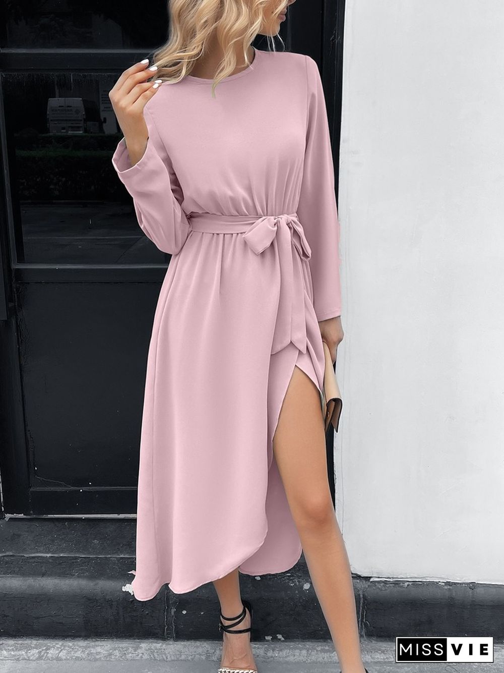 Elegant Fashion Hem Split Dress For Women Spring Dresses Solid Color Lace Up Skinny Long Sleeve A-line Midi Dress