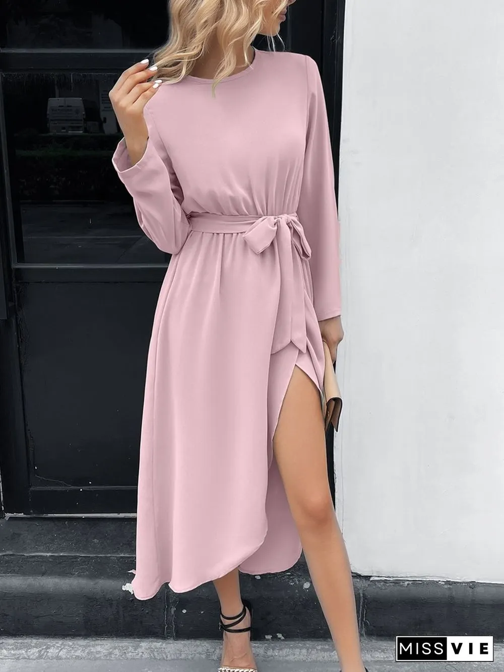 Elegant Fashion Hem Split Dress For Women Spring Dresses Solid Color Lace Up Skinny Long Sleeve A-line Midi Dress