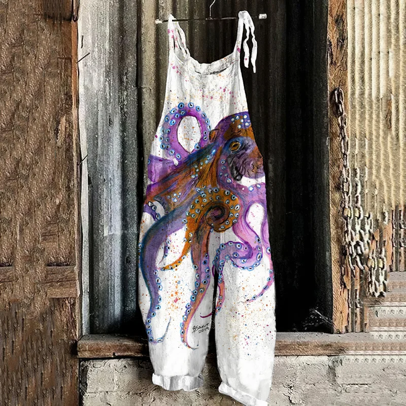 Vintage  Colorful Octopus Linen Blend Loose Casual Jumpsuit