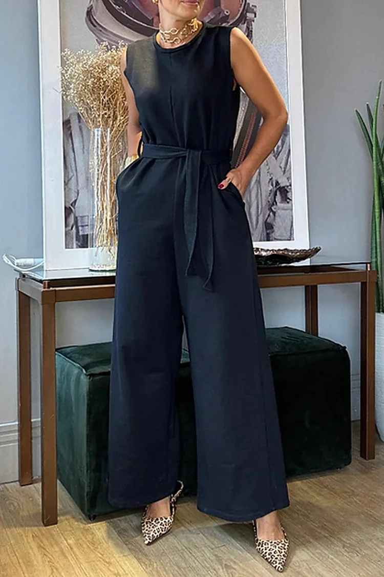 Summer Loose-Fit Sleeveless Jumpsuit with Waist Tie
