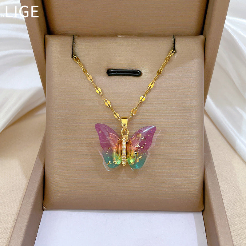 Colorful Butterfly Personality Fashion Gorgeous Full Diamond Necklace Women’S All-Match Clavicle Chain Titanium Steel