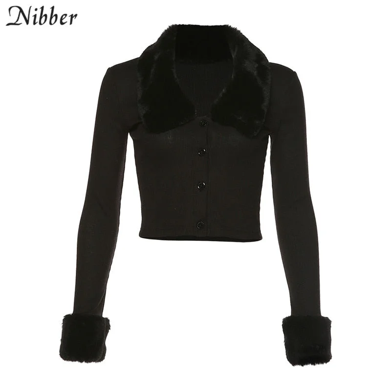 NIBBER autumn solid black stretch Slim knitting crop top woman Soft fur collar design 2019 casual high streett-shirt top coat