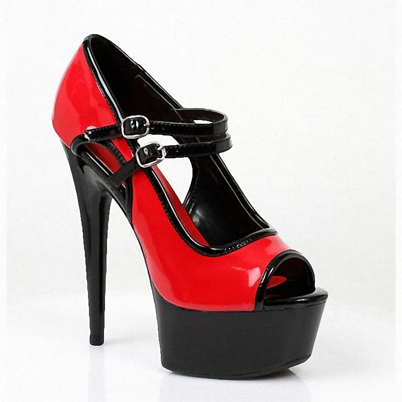 VCshoes Fetish 6Inch Strip Thin High Heel Exotic Platform Sandals Women 15cm Pumps Rosy Red Patchwork Peep Toe Pole Dance Shoes