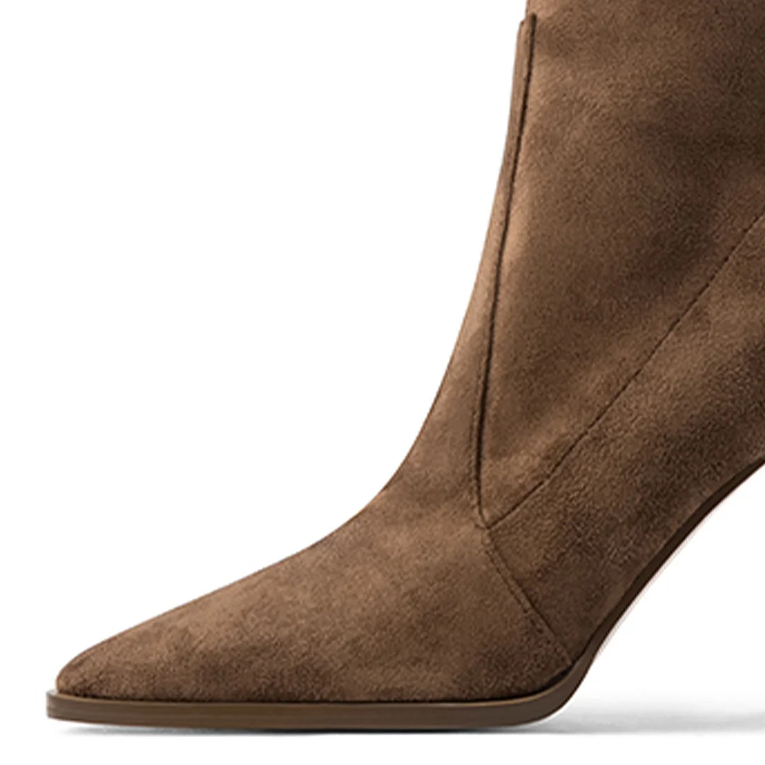 Dark Brown Faux Suede Square Toe Block Heeled Ankle Boots