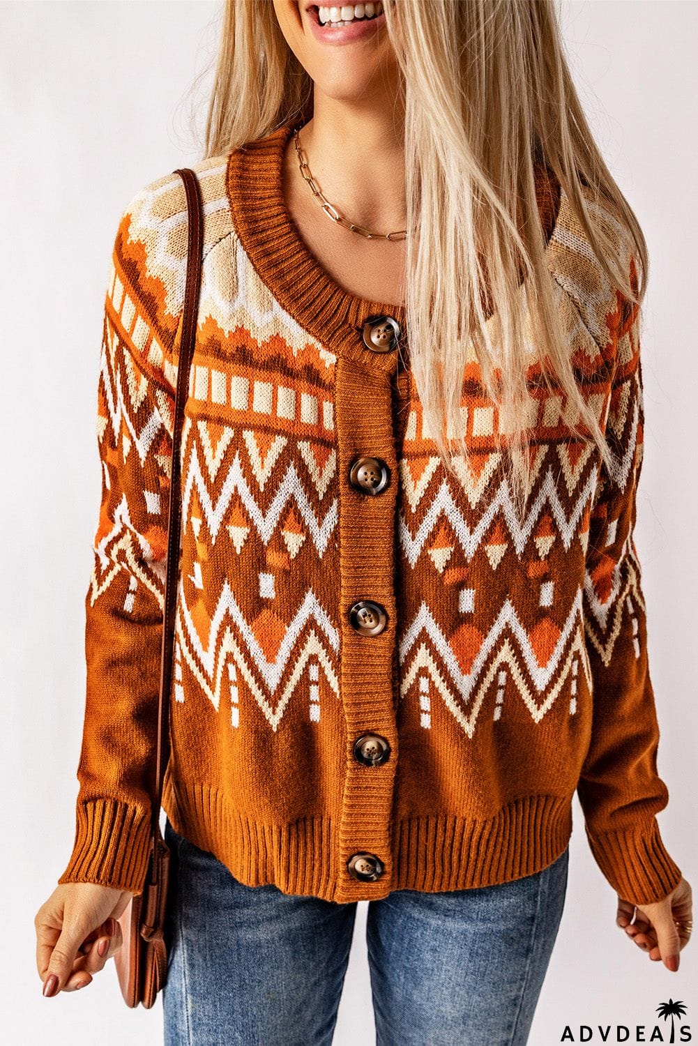 Geometric Button Down Round Neck Cardigan