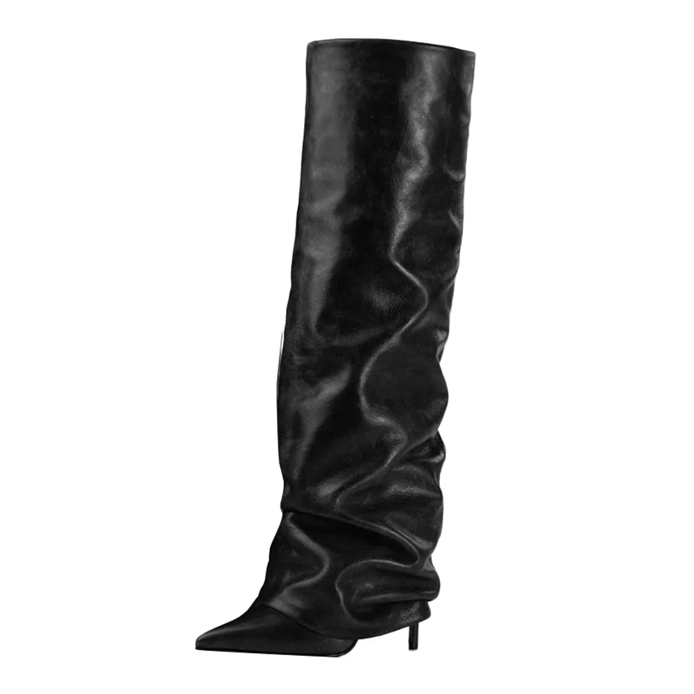 Elegant Black Pointed Toe Stiletto Heel Fold Over Slouchy Long Boots Nicepairs