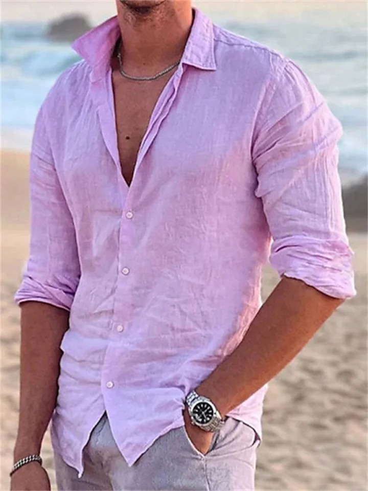 Men's Shirt Linen Shirt Solid Color Plain Turndown Pink Outdoor Street Long Sleeve Button-Down Clothing Apparel Fashion Casual Breathable Comfortable-Cosfine