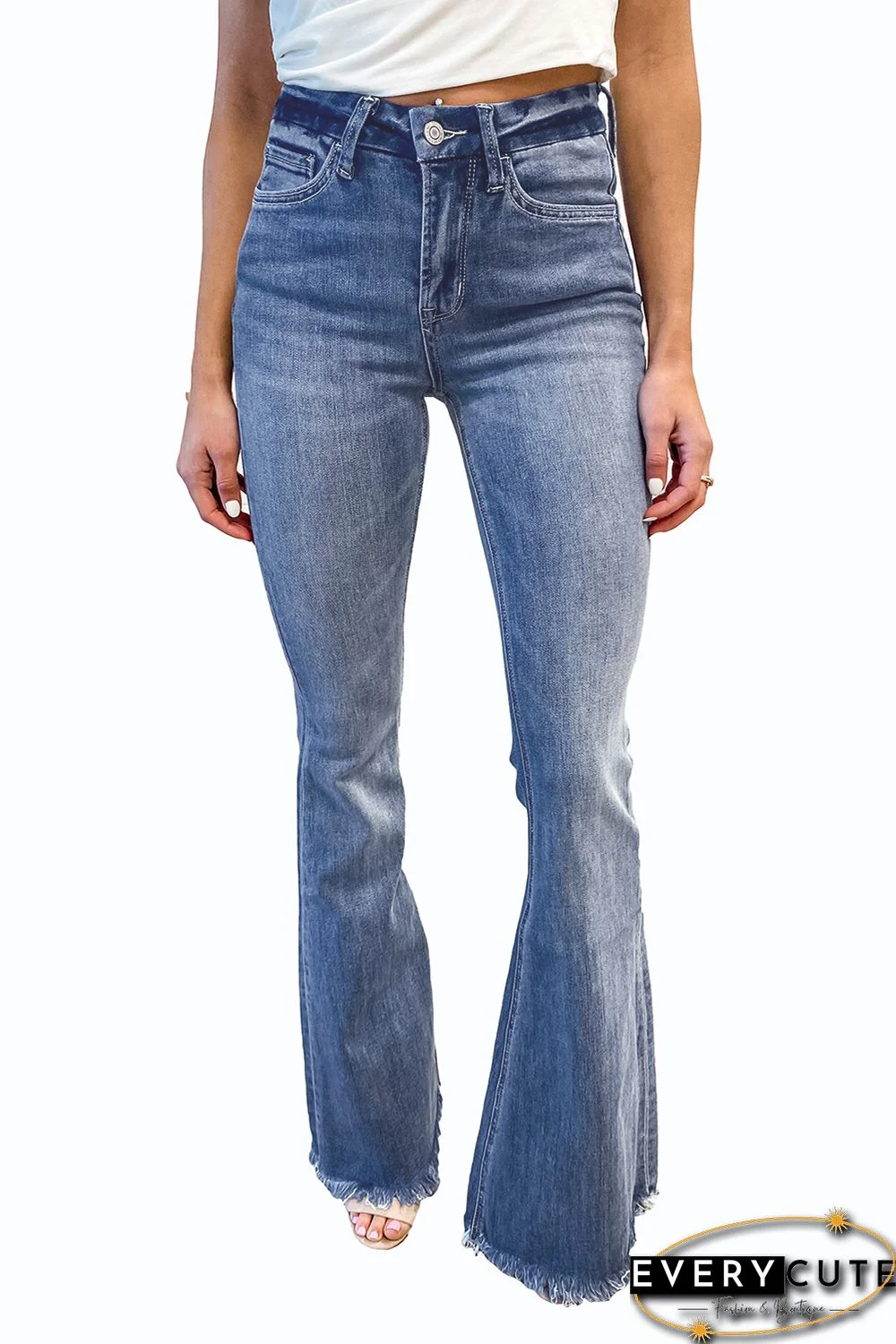 Medium Washed High Waist Flare Jeans with Raw Edges