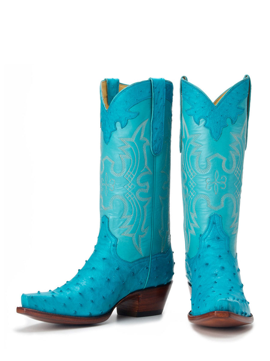 Blue Ostrich Embossed Stitched Chunky Heel Western Boots for Women