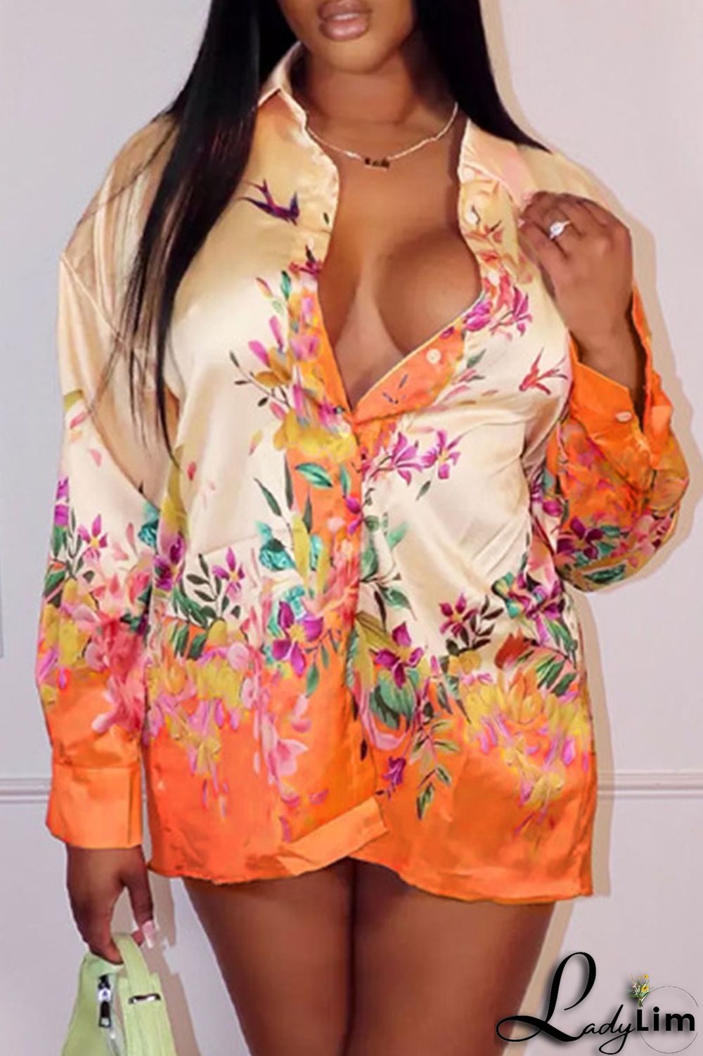 Orange Fashion Casual Basic Turndown Collar Tops