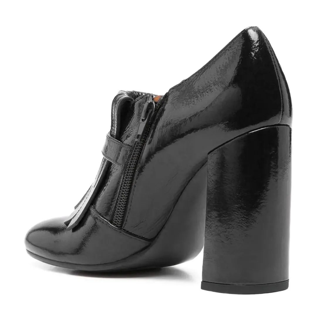 Faux Leather Round Toe Fringe Black Heel Booties with Zipper