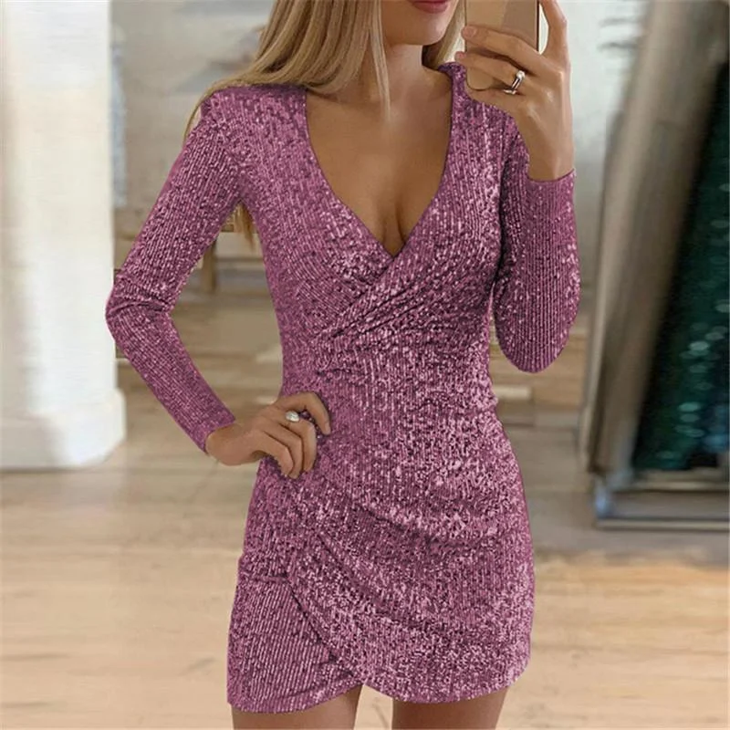 Women's Sequin Deep V-neck Long Sleeve Bodycon Dress
