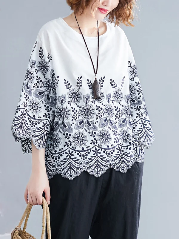 Loose Three-Quarter Sleeves Hollow Print Round-Neck Blouses&Shirts Tops