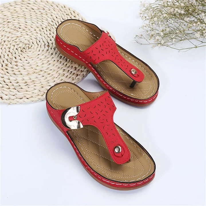 2022 Summer New Women’s Metal Decor Feature Pattern Wedge Flip-Flops