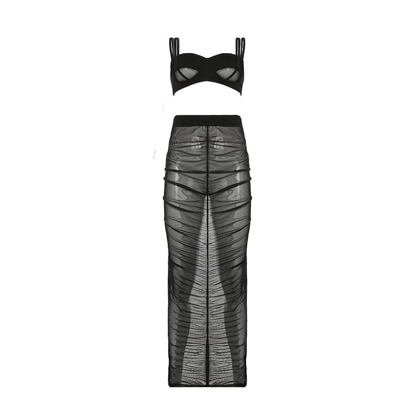 BIIKPIIK 2 Piece Matching Sets Women Casual Sexy Crop Tops + Maxi Skirts See-through Mesh Fashion Streetwear Clothing Skirt Suit