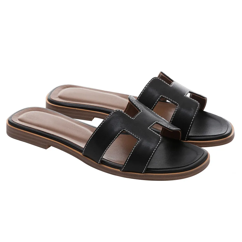 H-shape Leather Slipper Black Matte-vocosishoes
