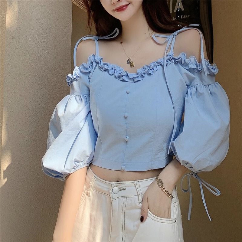 Ruffles Sexy Off Shoulder Top Blouse Women Puff Sleeve Thin Strap Top White Tee Shirt Evening Party Club Clothes Cropped Elegant