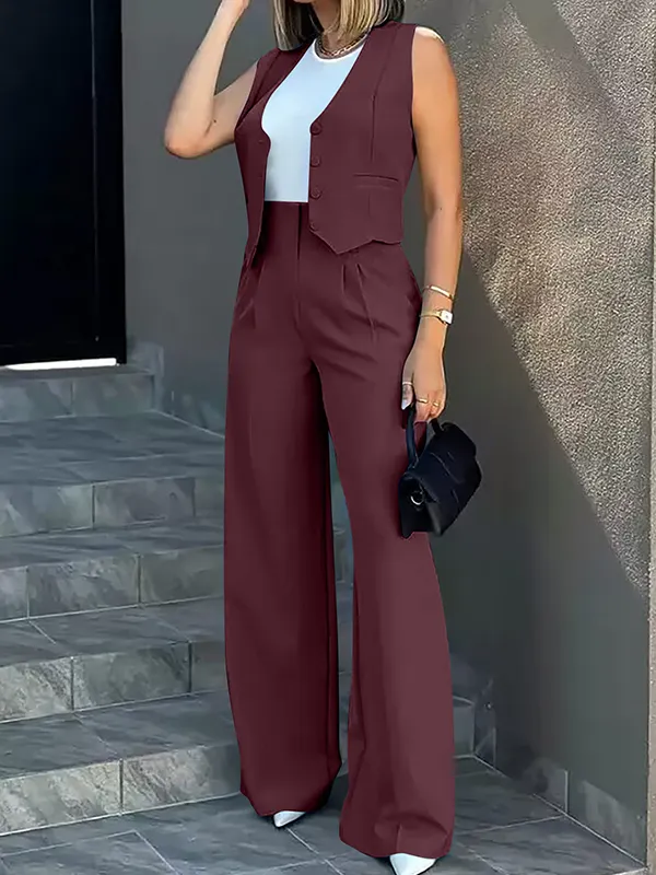 Solid Color Split-Joint Sleeveless Vest Jacket + High Waisted Pleated Suit Pants Trousers Two Pieces Set DEEP RED-2XL
