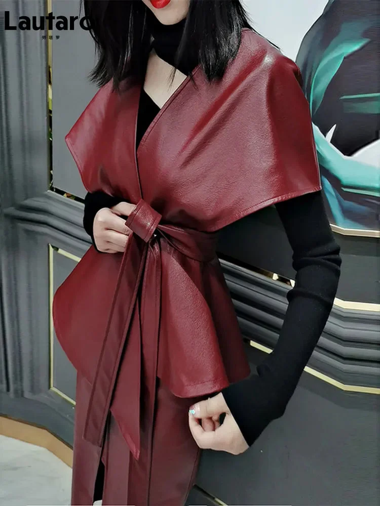 Huiketi Spring Luxury Designer Faux Leather Jacket Women Sashes Red Wine Cape Shawls for Women Gothic Cloak Runway Fashion 2023