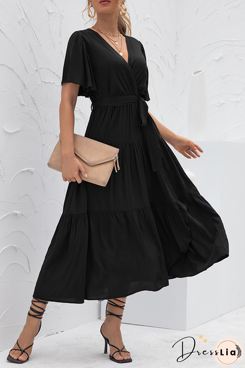 Elegant Solid Split Joint With Belt V Neck Cake Skirt Dresses(4 Colors)