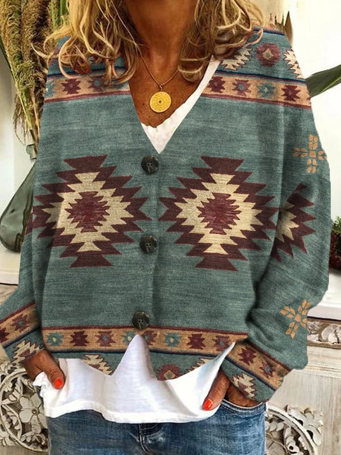 Vintage Printed Casual Loose Buttoned Flannel Cardigan