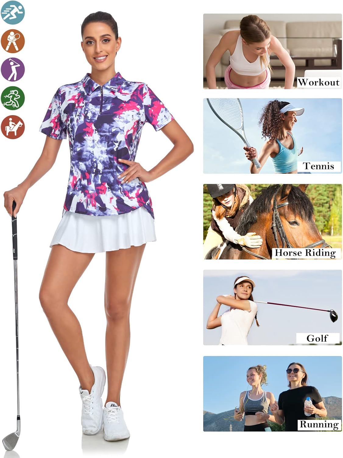 Women's Golf Polo Shirts Short Sleeve Quarter Zip Pullover Moisture Wicking Workout Tops