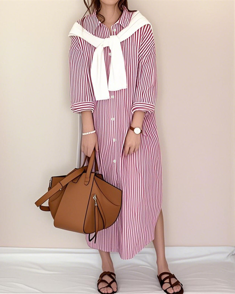 Red And White Striped Three Quarter Sleeve Shirt Dress