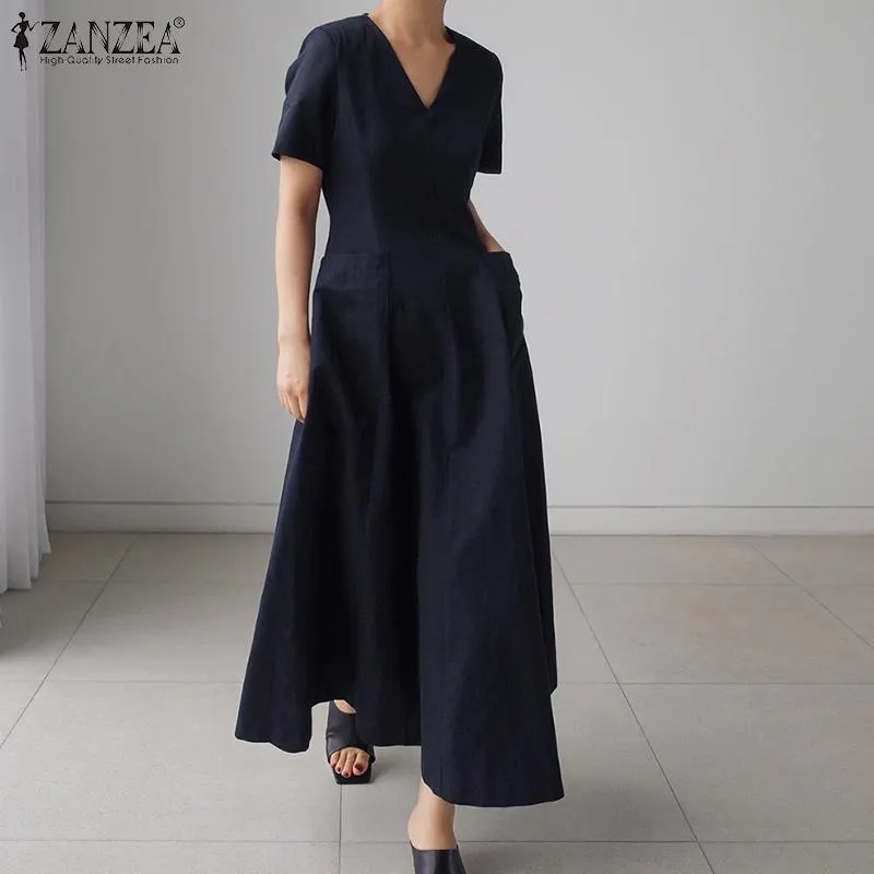 ZANZEA Elegant Women Summer Maxi Sundress Stylish V Neck Short Sleeve High Waist OL Work Long Vestidos Casual Solid A-line Dress
