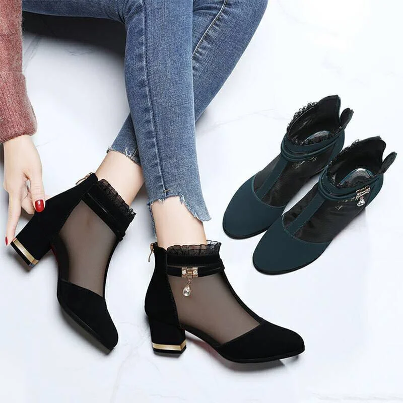 Comemore Autumn Mesh Boots Sandals Middle Heels Lace Shoes Women Rhinestone 2021 Spring Summer Pumps Mujer Black Beautiful 2022