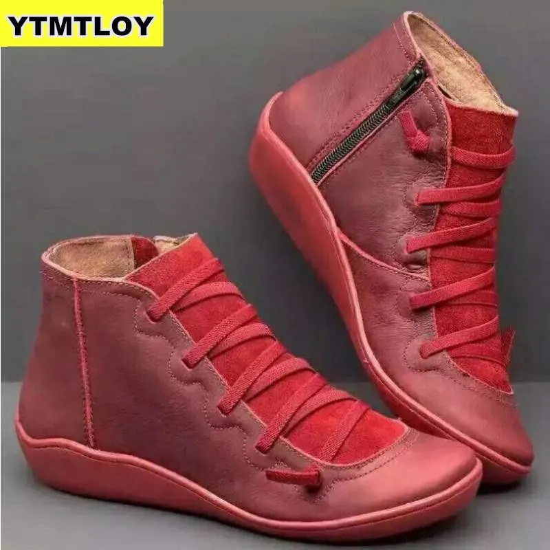 Womens Winter Snow Boots Genuine Leather Ankle Spring Flat Shoes Woman Short Brown Botas