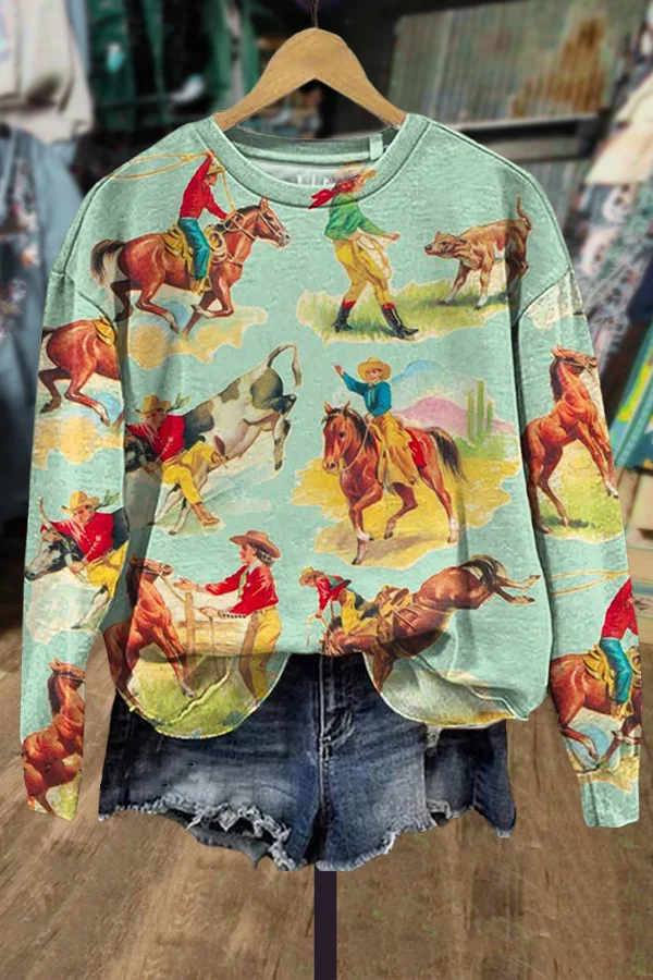 Retro Cowgirl Print Sweatshirt
