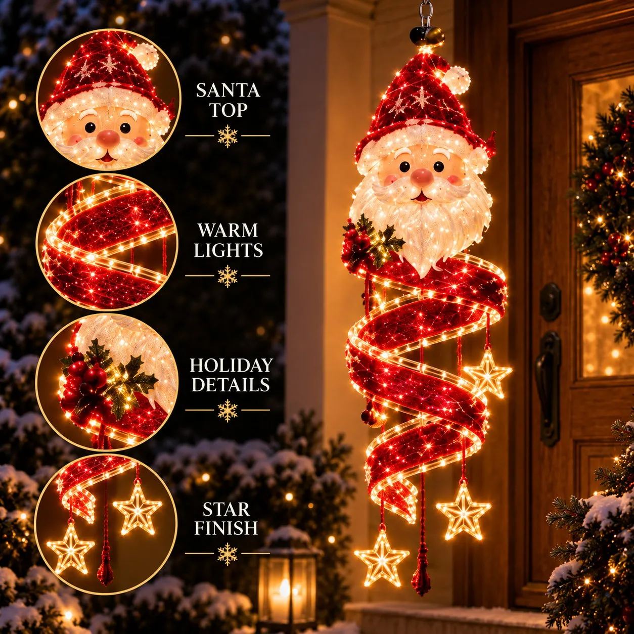 Close-up details of the Santa top, warm lights, holiday greenery and hanging star finish