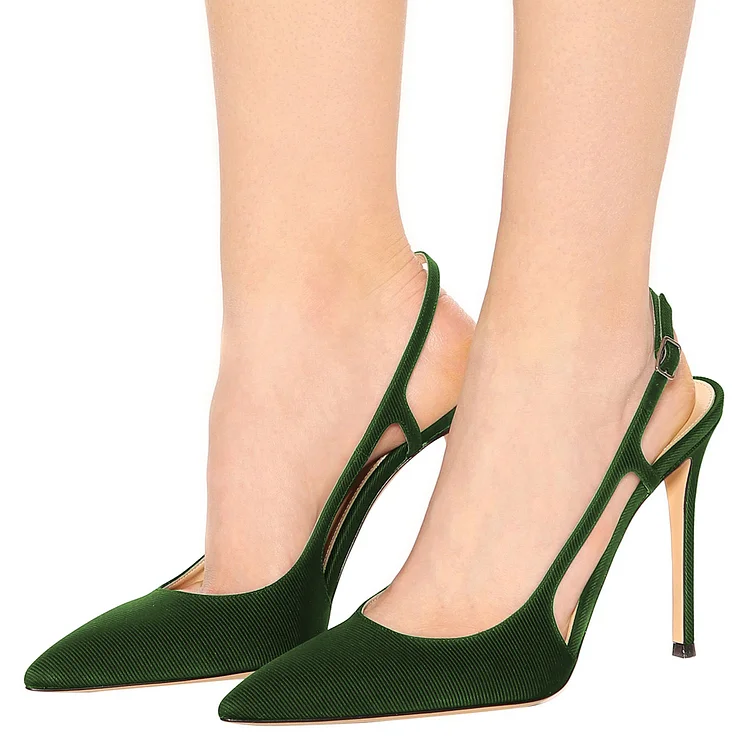 Women's Green Slingback Heels Stripes Buckle Pumps |FSJ Shoes