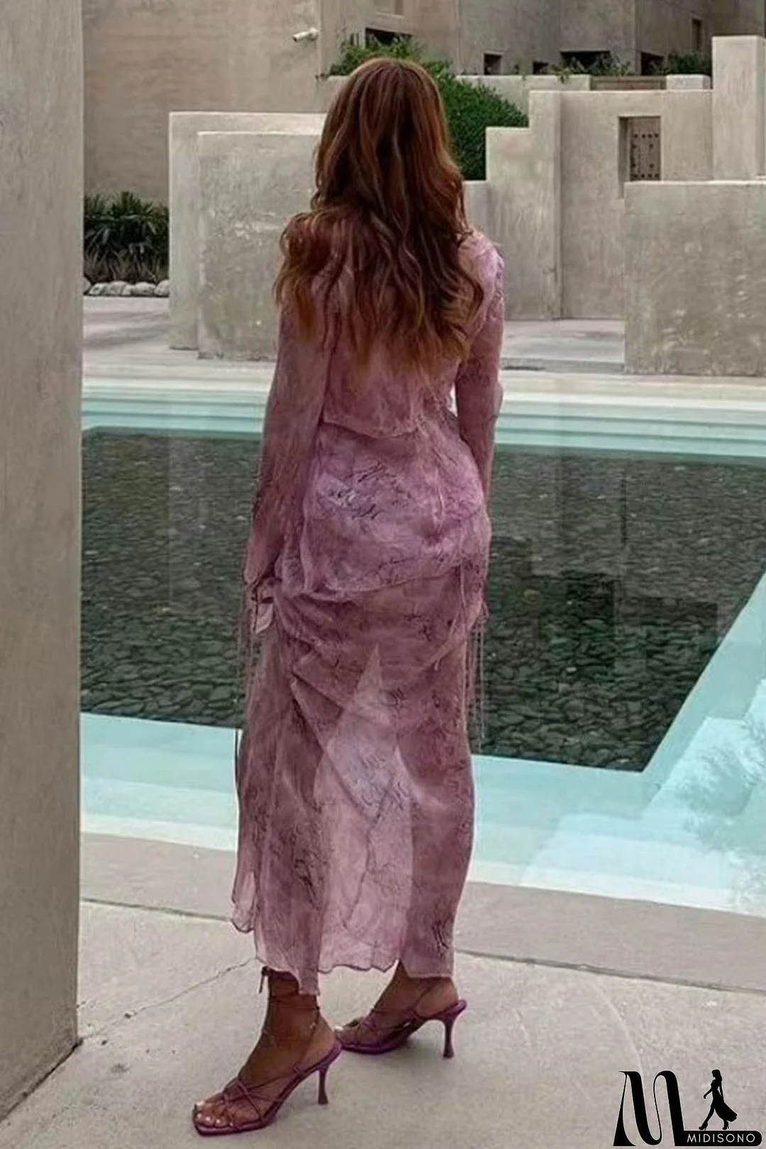 MidiSono - Mesh Printed Strappy Cardigan Skirt Suits