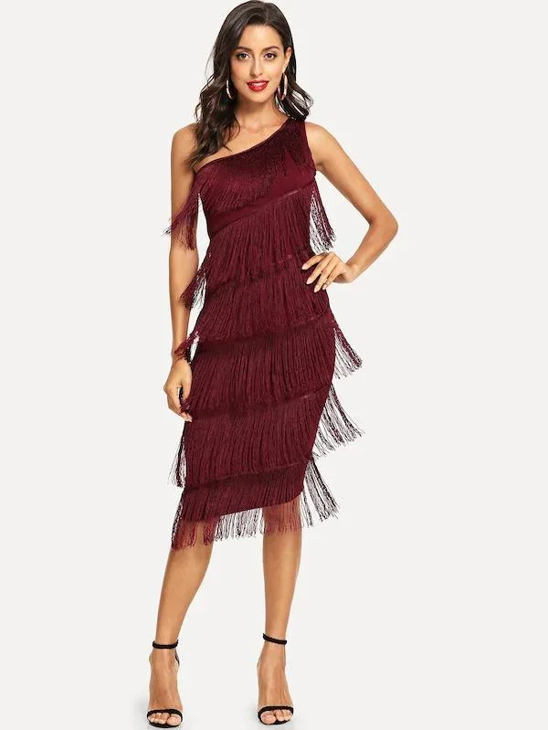 One Shoulder Tiered Fringe Bodycon Dress