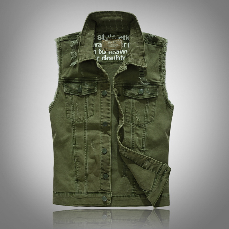 Retro Motorcycle Military Green Ripped Denim Single-Breasted Vest