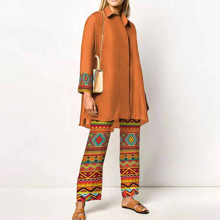 Ethnic Print Long Sleeve Two Piece Set
