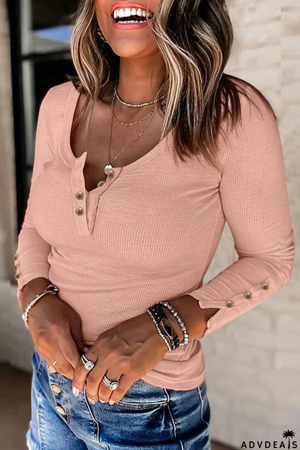 Scoop Neck Button Closure Ribbed Long Sleeve Top