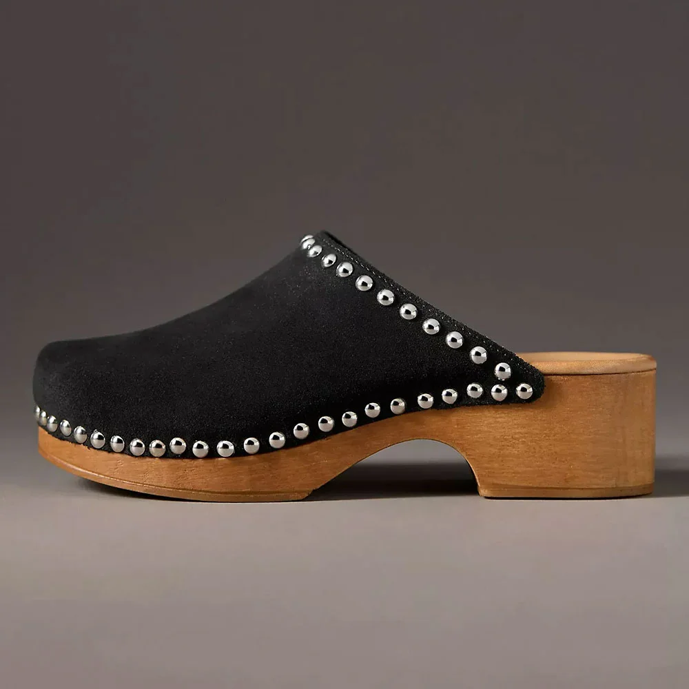 Black Closed Round Toe Chunky Heel Studded Platform Mules Shoes