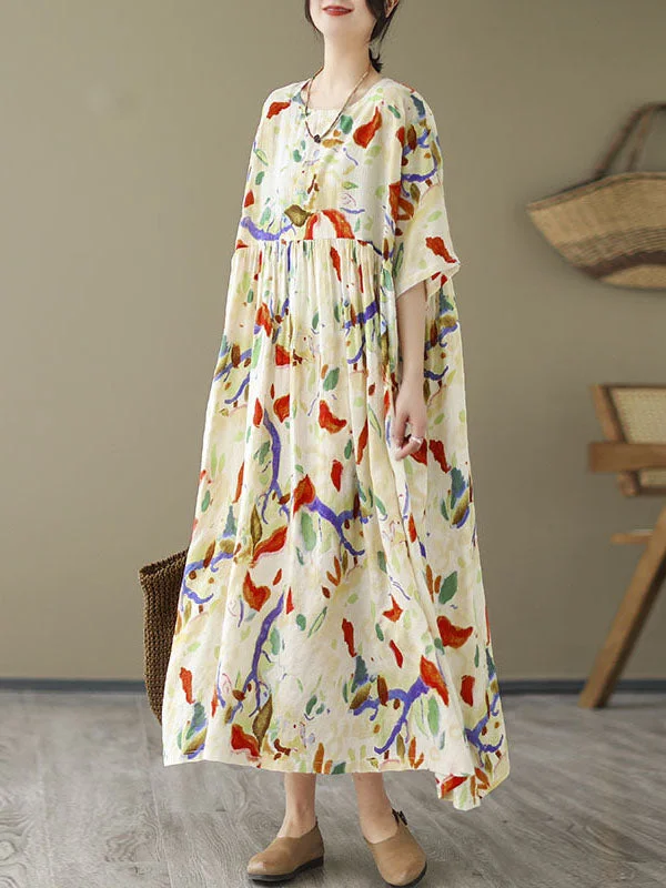 Printed Split-Joint Batwing Sleeves Loose Round-Neck Midi Dresses