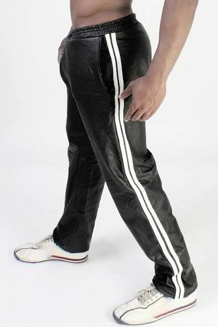 Men's Leisure PU Leather Elastic Waist Striped Patchwork Pants